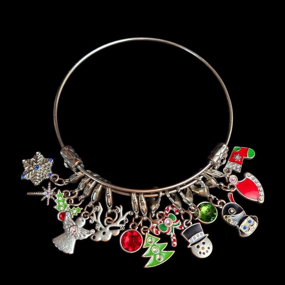 Christmas Themed Charm Bracelet With Festive Enamel Charms & Rhinestones